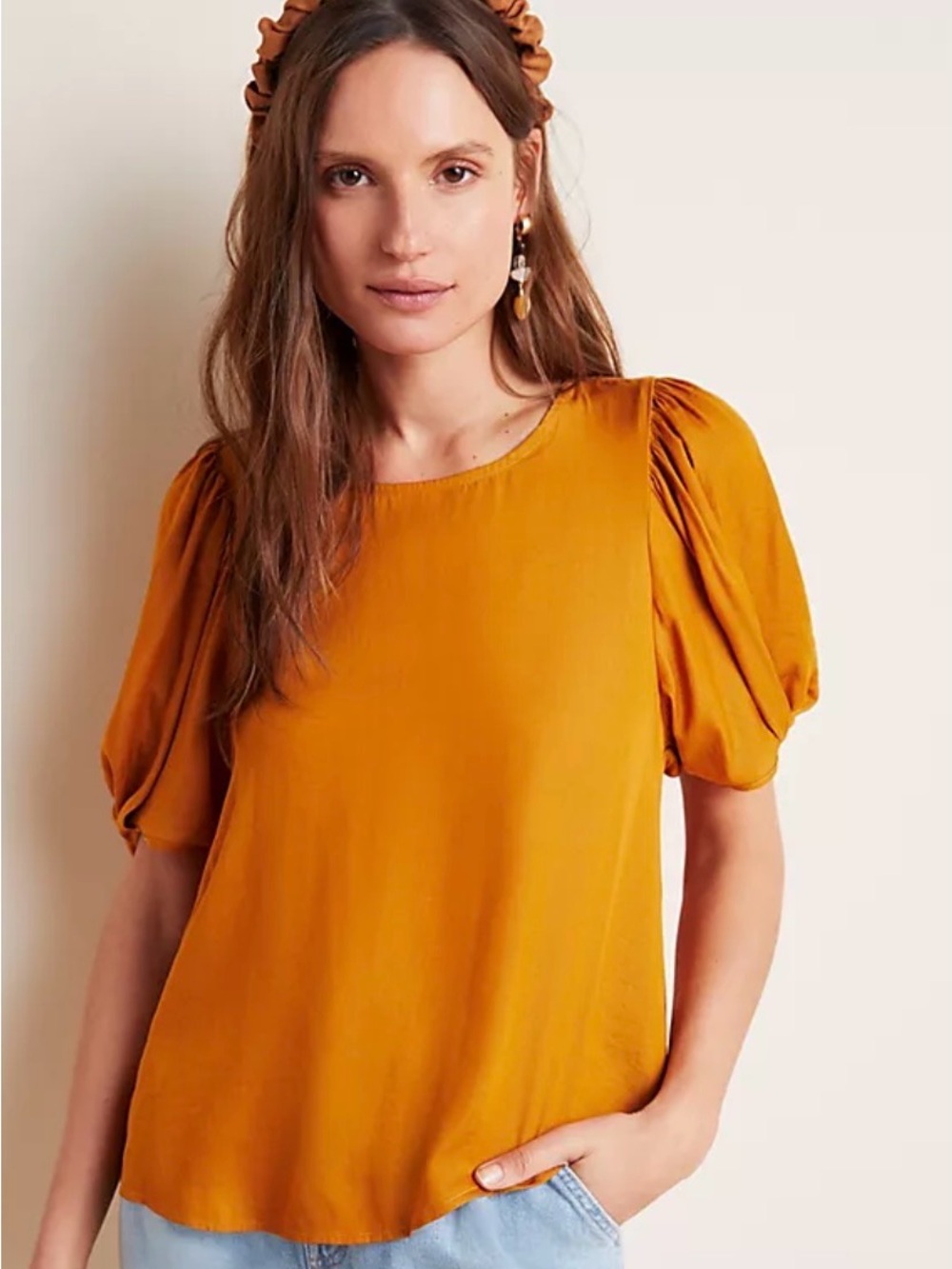 Dolan Anthropologie Saffron Orange Puff Sleeve Blouse Size S Peasant Boho Fall